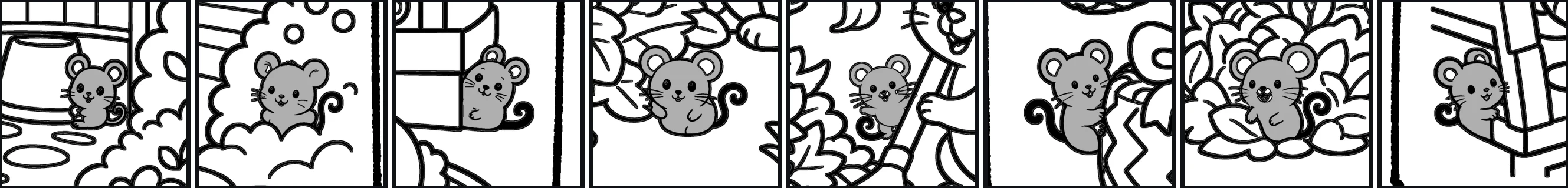 Eight pages from eight different books, each with the small mouse hiding somewhere in the drawing.